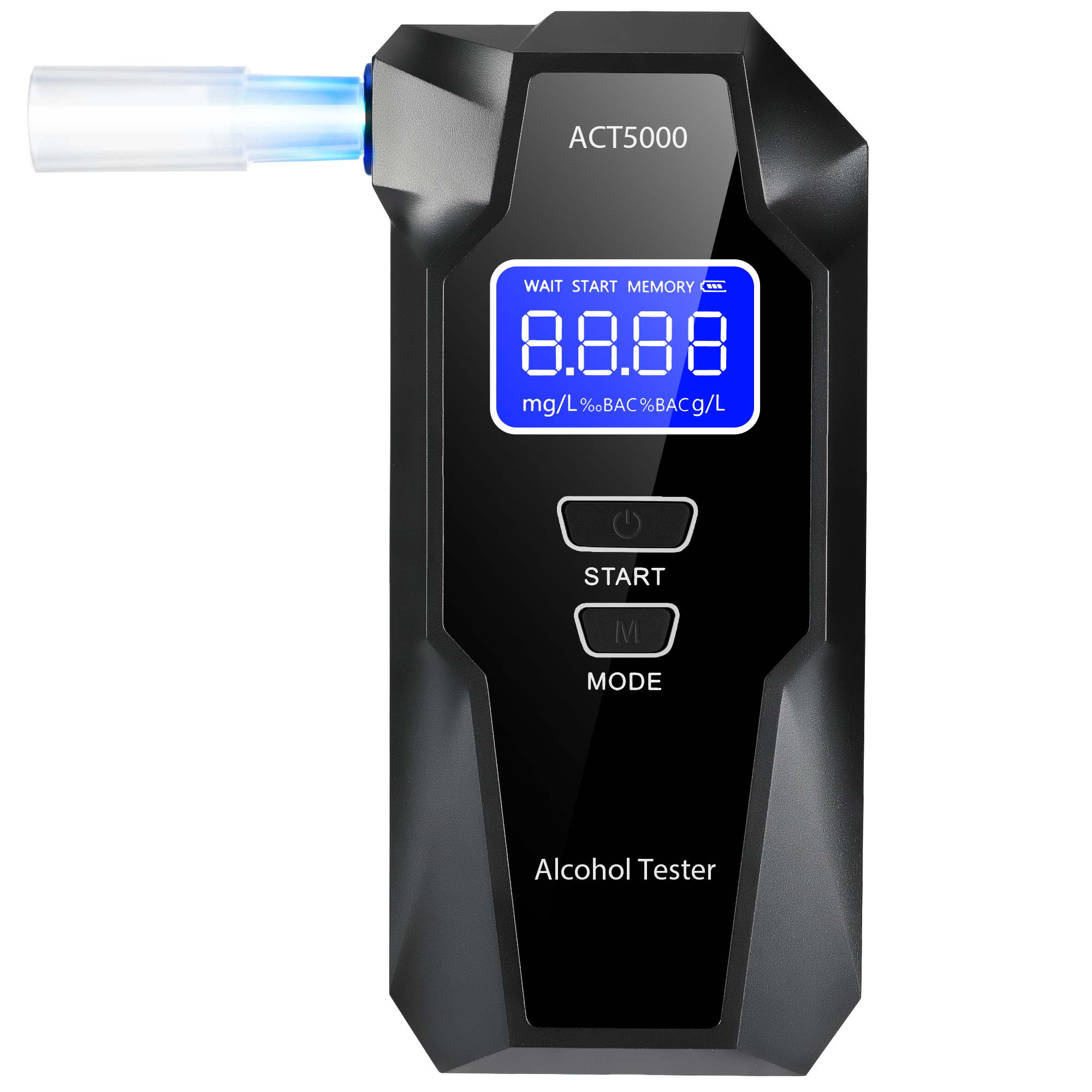 BS-ALC-ACT5000 アルコールチェッカーの正面画像。燃料電池センサー式で、5万回測定・耐用年数3年に対応した長寿命モデル。