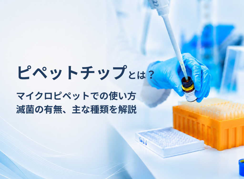 マイクロピペットで液体を扱う手元とピペットチップの記事タイトル「ピペットチップとは? マイクロピペットでの使い方、滅菌の有無、主な種類を解説」